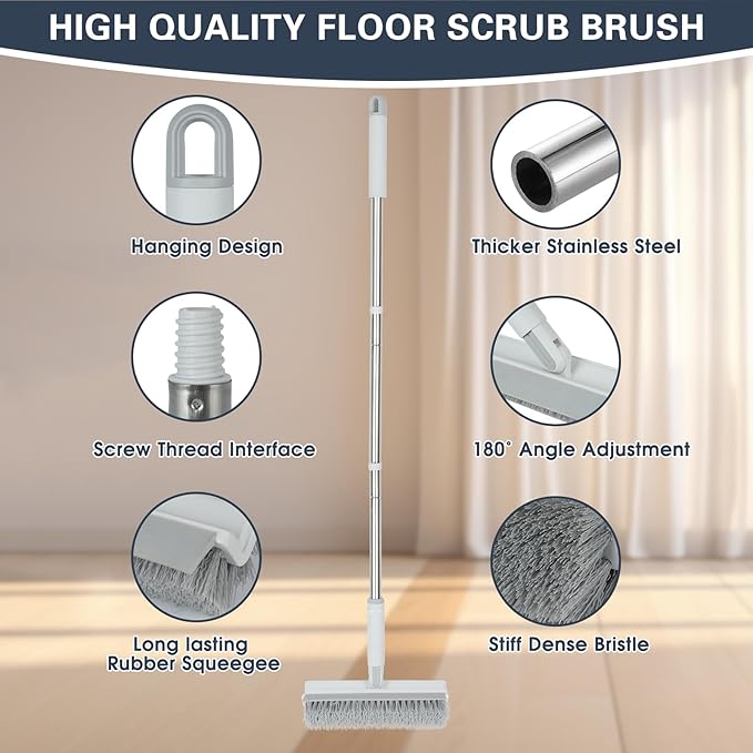 Floor Scrub Brush with Long Handle, 2 in 1 V-Shape Grout Brush with Squeegee + 2 Crevice Cleaning Brushes, Heavy Duty Stiff Bristle Scrubber Brush for Cleaning Shower Bathroom Kitchen Tile