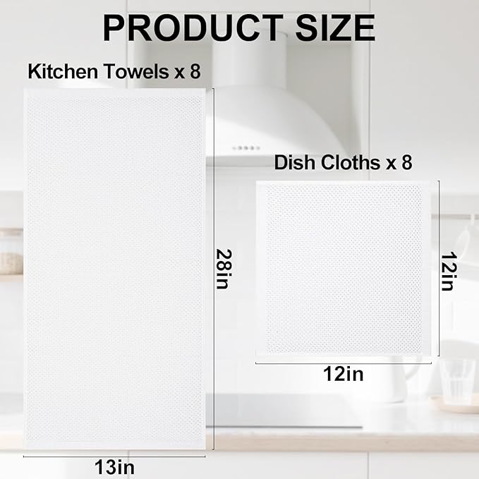 Homaxy 100% Cotton Kitchen Towels and Dishcloths Set, 12 x 12 Inches and 13 x 28 Inches, Set of 16 Bulk Kitchen Towels Set, Ultra Soft Absorbent Dish Cloths for Washing Dishes, White