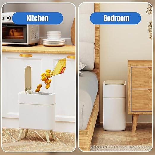 Yatmung Motion Sensor Bathroom Trash Can with Lid 2.5 Gal Smart Trash Bin - Waste Basket for Bedroom, Office, Living Room - Slim Bathroom Garbage Can Automatic Touchless - White with Wooden Legs