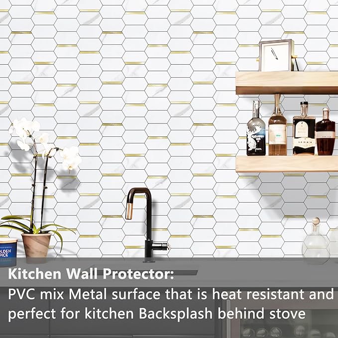 Vamos Tile Long Hexagon Peel and Stick Backsplash Tile - 10 Sheets Stick on Backsplash for Kitchen and Bathroom 12.4 x 12 Inch White Marble Look PVC Mixed Metal Gold Self Adhesive Mosaic Wall Tiles