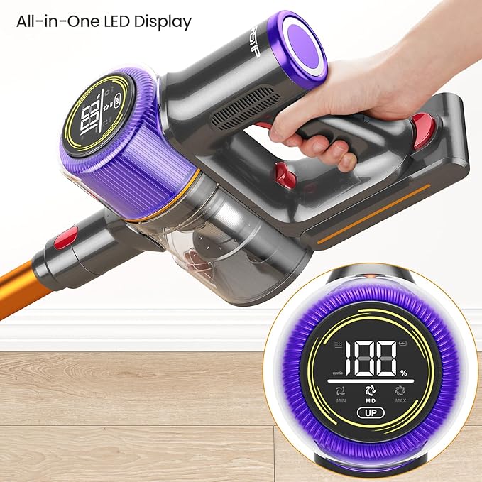 Cordless Vacuum Cleaner, 650 W/ 55000 Pa/ 70 Mins Vacuum Cleaners for Home,with Touchscreen and Anti-Tangle Brush, Vacuum Cleaner 1.5 L Dust Container, 9-in-1 for Hard Floors, Carpets and Pet Hair