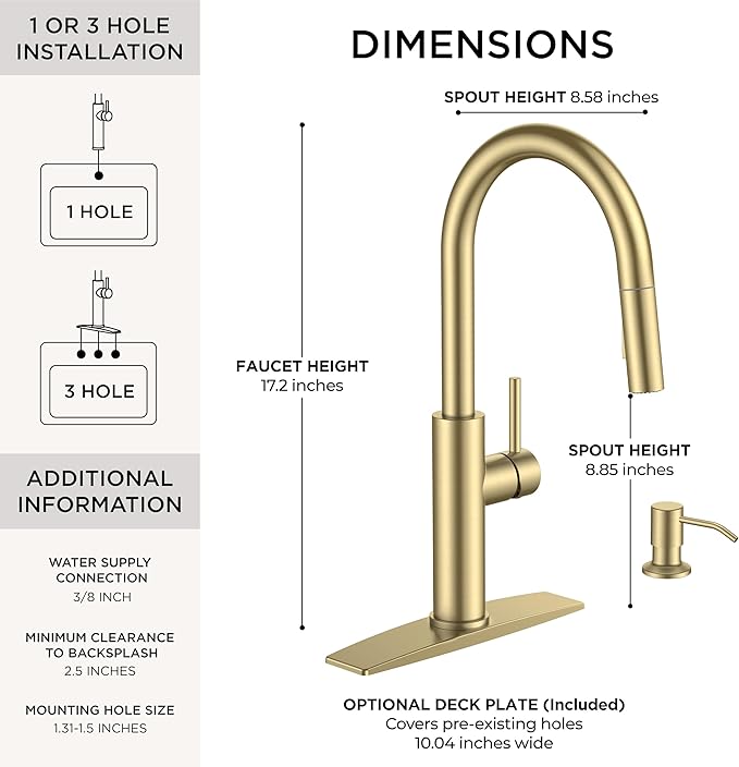 FORIOUS Kitchen Faucet with Soap Dispenser, Modern Brushed Gold, Single Handle High Arc Stainless Steel Kitchen Sink Faucet with Pull Down Sprayer, 1 or 3 Hole Deck Mount for RV, Laundry, Outdoor