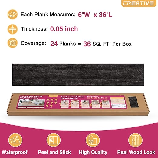 CRE8TIVE 24-Pack Dark Grey Wood Plank Vinyl Peel and Stick Floor Tile - Waterproof 6"x36" Self Adhesive Flooring for Bathroom, Kitchen, Bedroom - Temporary Wood Look