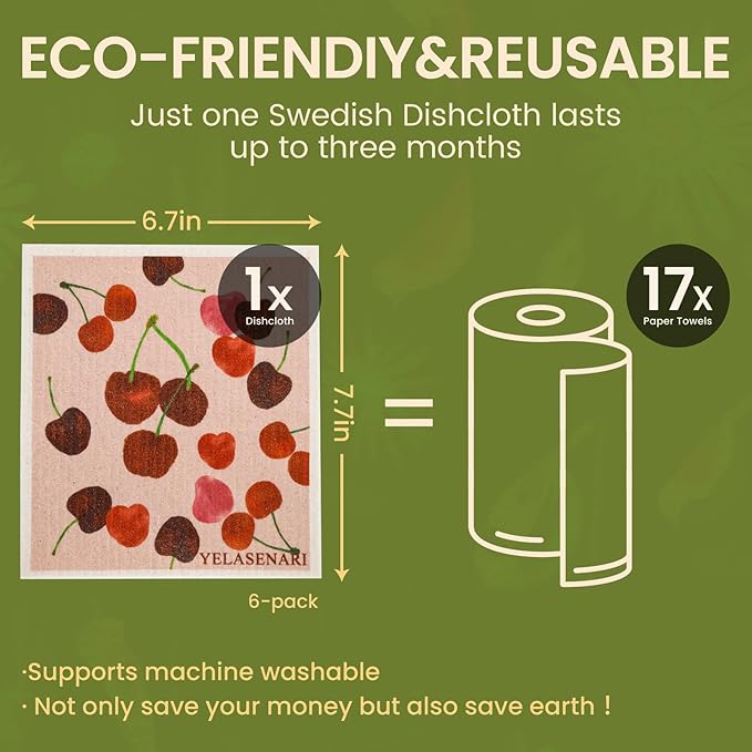 Swedish Dishcloths for Kitchen Reusable 6 Pack Kitchen Towels No Odor Quick-Drying Reusable Paper Towels Reusable Paper Towels Washable for Countertop, Sink, and Kitchen Fruit