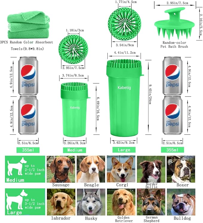Quick Clean Dog Paw Cleaner 5-in-1 Kit, Green (Medium) - No Full Bath Needed, Post-Walk Paw Clean - with Silicone Bath Brush, 3 Microfiber Towels - Fits Corgi 1.2-2.5 In (3.05-6.35 cm)