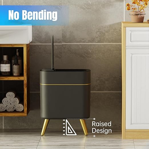 Yatmung Bathroom Trash Can Automatic Touchless Modern Smart Trash Bin - Narrow Waste Basket for Bedroom, Laundry Room, Office, Plastic - Motion Sensor Garbage Can with Lid - Black with Gold Edge