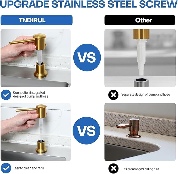 Soap Dispenser for Kitchen Sink, Brushed Gold Built in Soap Dispensers, Stainless Steel Sink Soap Dispenser or Lotion Dispenser Pump with 47" Extension Tube Kit, Upgraded Metal Check Valve