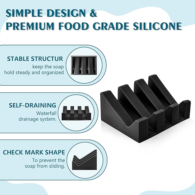Self Draining Soap Dish Holder,Silicone Soap Dish,for Bathroom,Kitchen, Sponges，Can Extend Soap Life，Keep Soap Bars Dry and Easy Cleaning (Black,2-Pack)