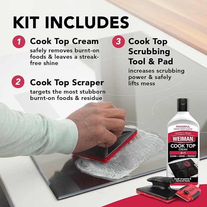 Weiman Glass Cooktop & Stove Top Cleaner Kit, Removes Grease & Burnt-On Food, Safe for Gas, Induction, Electric Cooktops & Air Fryers, Streak-Free Shine, Includes Stove Scraper & Scrubbing Pad, 10 oz