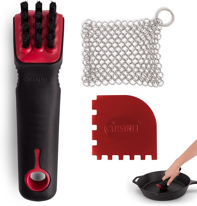 Cuisinel Cast Iron Scrubber Cleaning Brush + Stainless Steel Chainmail + Pan Scraper - Skillet, Grill Cleaner Kit - Soft-Touch Easy-Grip Dish Scrub Tool - Bristles Tough on Grease - Gentle on Cookware