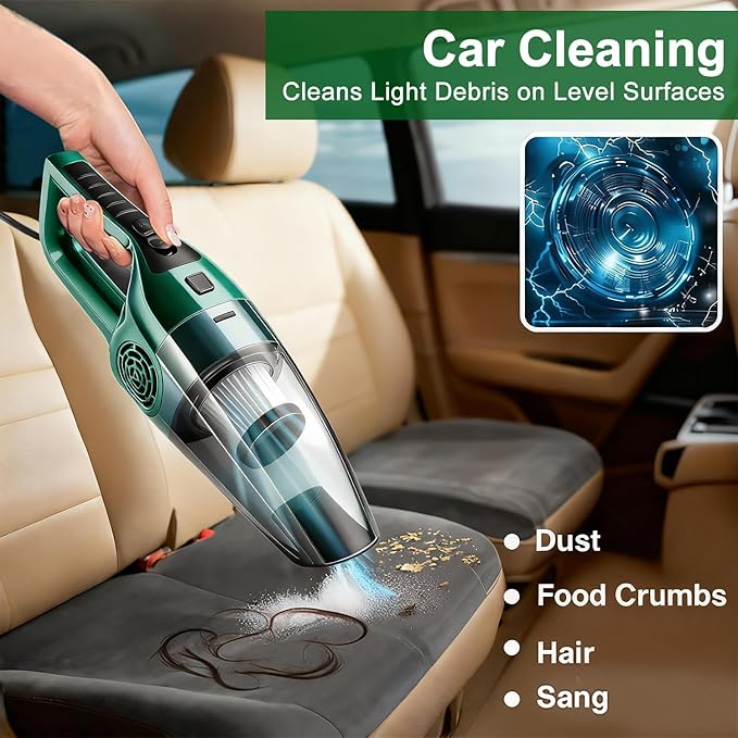 Car Vacuum Cleaner – 9000PA High Power Suction, DC 12V Portable Handheld Auto Vacuum with Attachments, Mini Car Interior Cleaner for Pet Hair, Dust, Crumbs, and Debris (Emerald Green)