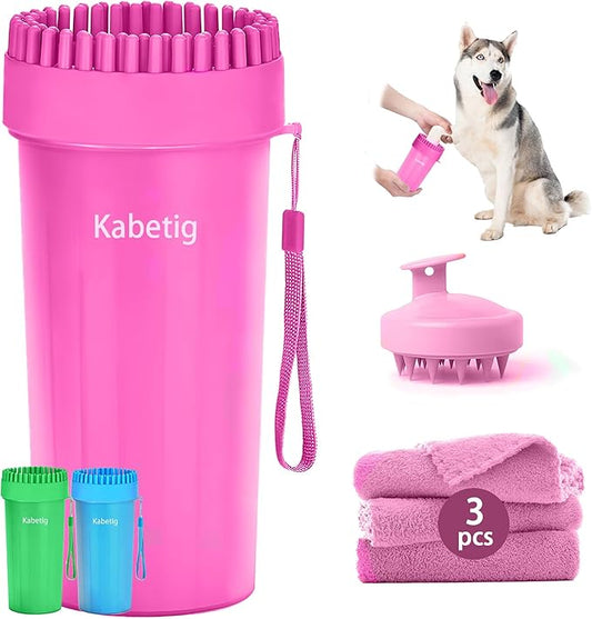 Dog Paw Cleaner Kit - Pink, for L/XL Dogs, Quick Clean No Full Bath, 5-in-1 Bath Grooming Kit, Exclusive Cup-Mounted Brush Head, Grip Silicone Brush, 3 Absorbent Towels, Fits Lab