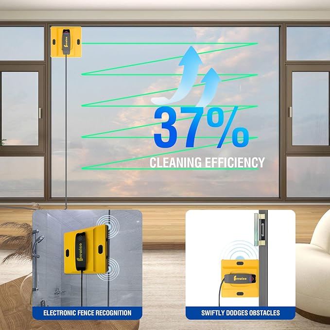 Frewico Smart Window Cleaner Robot with Quad-Stream Ultrasonic Spray, 100ml Dual Water Tanks, 5600Pa Strong Suction for Frameless Windows & High-Rise, App/Remote Control, Anti-Falling Safety System