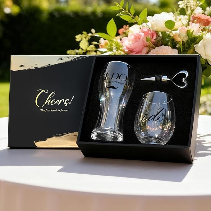 AW BRIDAL Wedding Gifts for Couples 2026, Mr and Mrs Wine Glasses and Beer Mug Set, Engagement Gift for the Couple, Bride and Groom Wedding Glasses with Wine Stopper, Bridal Shower Gifts for Bride
