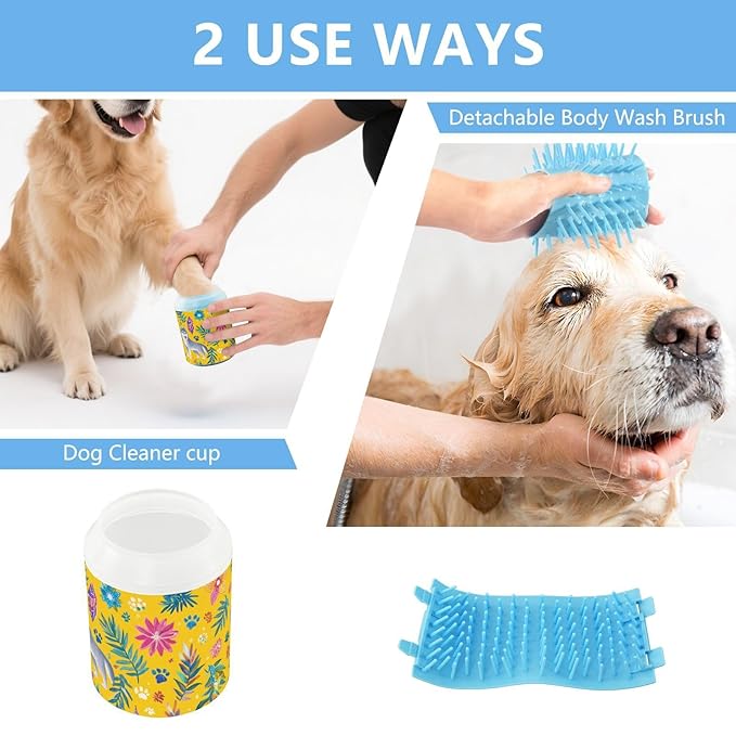Dog Paw Cleaner Cups for Dogs Pet Foot Washer Paw Scrubber for Medium Small Large Dogs Cats Cleaning Cup Yellow Wolves Castle Paw Prints