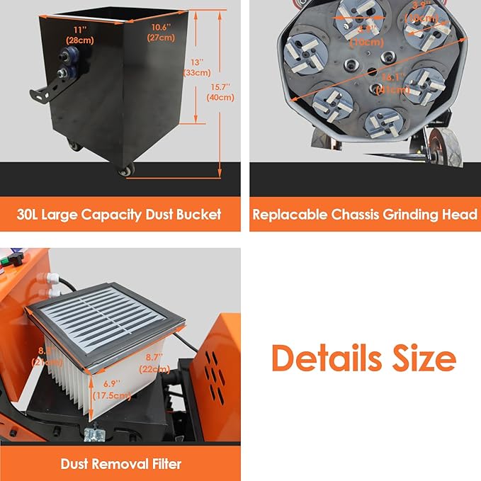Concrete Floor Grinder Polishing Buffer Machine Cement Ground Grinder for Epoxy Terrazzo Floor with 30L Dust Bucket 6pcs Grinding Heads 220V