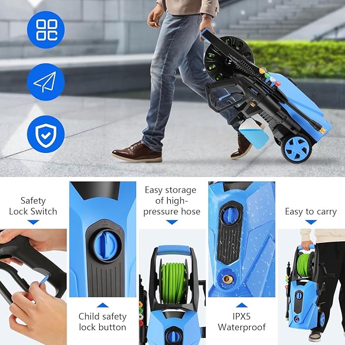 5000PSI Electric Pressure Washer,Power Washer with Foam Cannon,Portable Cleaner with 33ft Hose Reel,4 Nozzle Tips,and Soap Bottle for Cars/Home/Driveways/Patios/Decks/Fences