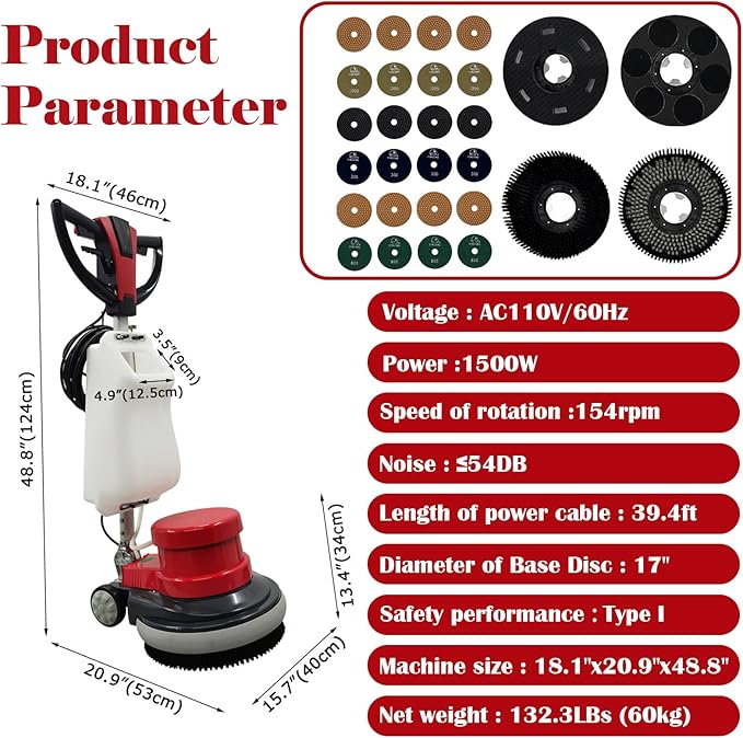 TECHTONGDA 17" Commercial Floor Scrubber Buffer Heavy Duty Floor Grinder Polisher Machine Carpet Cleaning Machine with 3.17Gal Tank & 3 Brushes, Clean/Grind/Polish/Wax 110V