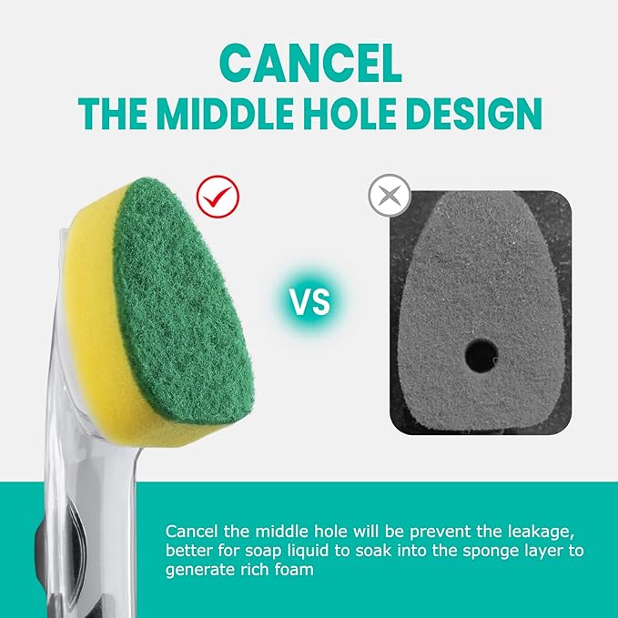 HELIME Dishwand Refills, Non-Scratch Replacement Sponge Heads for Dish Wand, Leak-Proof Handle with Heavy-Duty Scrubbers, Universal Compatible Soap Dispensing Brush for Kitchen, Bathroom Cleaning