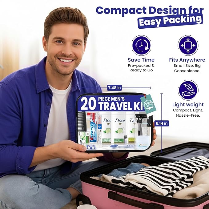 TrekTote 20 Piece Unisex Travel Hygiene Kit with Toiletries & Personal Care Essentials, TSA-Compliant, Individual and Bulk Packs Available