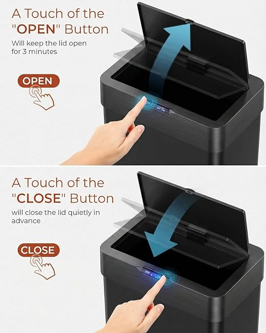 TLSUNNY 16 Gallon Motion Sensor Trash Can,Touchless Automatic Garbage Can,Brushed Stainless Steel Smart Bin,with Bag Holder,Soft Close Lid,for Kitchen,Office,RV,Bedroom,Living Room (Black, 60L)