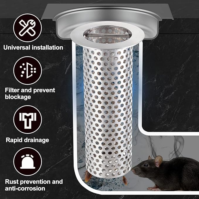 2" Commercial Floor Drain Strainer, 6'' High, Thick Perforated 316 Stainless Steel and Finely Polished Drain Basket for Restaurant/Factory/Kitchen