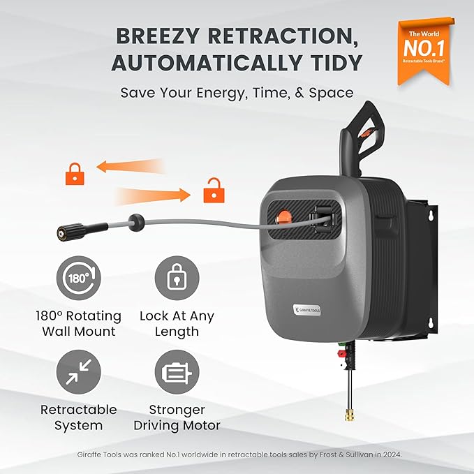 Giraffe Tools Grandfalls Retractable Pressure Washer G20, 2500 PSI 2.2 GPM, 180° Wall Mounted Power Washer, Auto-Retract with 65FT Hose Reel, 5 Nozzles for Floor/Cars/Fences/Patios, Dark Silver