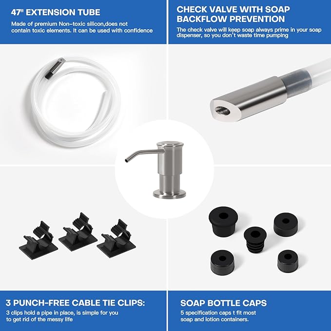Soap Dispenser for Kitchen Sink, Brushed Nickel Built in Soap Dispensers, Stainless Steel Sink Soap Dispenser or Lotion Dispenser Pump with 47" Extension Tube Kit