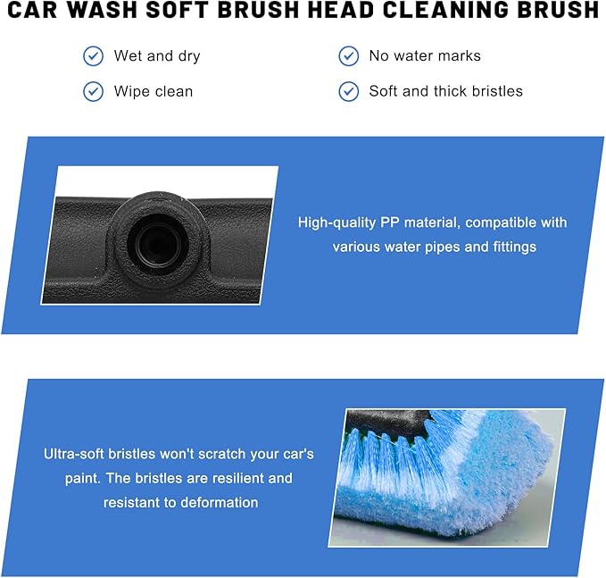 10" Car Wash Brush Head, Flow-Thru Cleaning Brush Head with Soft Detailing Bristles, Scratch Free Washing Scrub Brushes Replacement for 3/4-Inch Threaded Poles, Car Accessories (Blue)