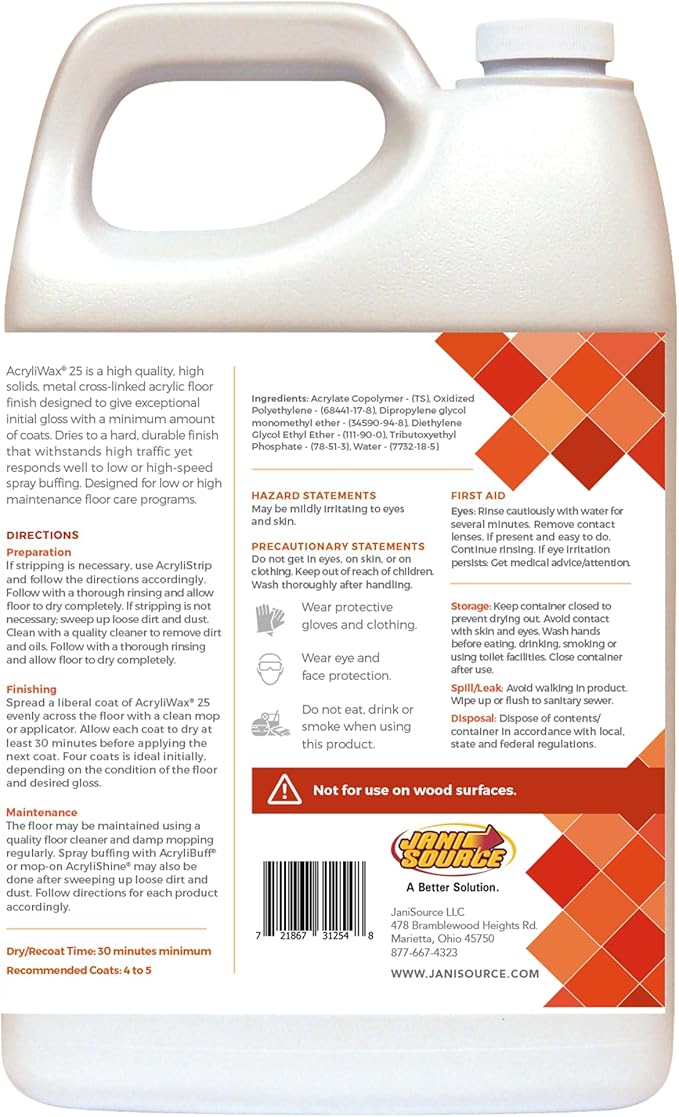 Acryliwax 25 High Solids & High Gloss Commercial Floor Wax & Finish - Case of 4 Gallons…