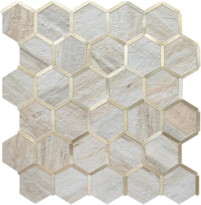DICOFUN 1 Sheet Hexagon Peel and Stick Backsplash Tile, Beige Slate Mixed Gold Kitchen Backsplash Peel and Stick Wall Tiles