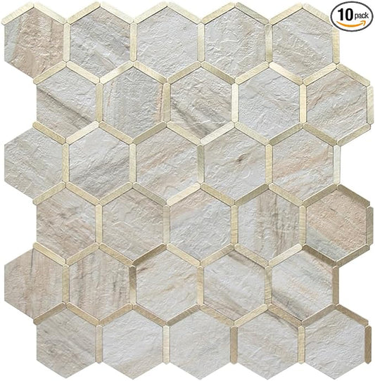 DICOFUN 10-Sheet Hexagon Peel and Stick Backsplash Tile, Beige Slate Mixed Gold Kitchen Backsplash Peel and Stick Wall Tiles