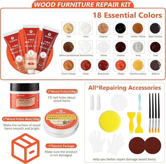 Wood Furniture Repair Kit, 18 Colors Wood Filler Putty, Hardwood Laminate Floor Repair Kit Touch Up Paint Restore Scratch, Cracks, Discoloration for Furniture, Door, Cabinet, Floor, Table Surface