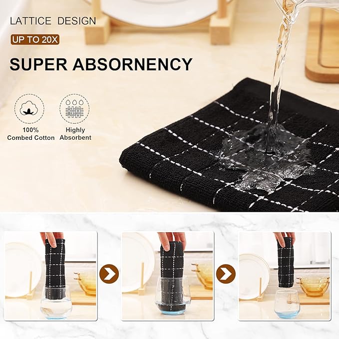 Mordimy 100% Cotton Terry Cloth Kitchen Towels, Super Soft and Absorbent Dish Towels for Drying, Checkered Designed Hand Towels for Kitchen, 16 x 26 Inches, 4 Pack, Black