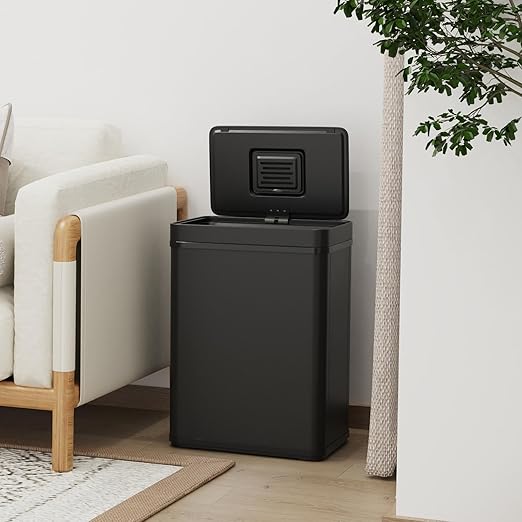 50L / 13 Gallon Smart Automatic Trash Can with Deodorizer Compartment, Stainless Steel Body and Mute Sensor Lid for Kitchen Office Living Room and More, Assemble Large Capacity Garbage Can - Black