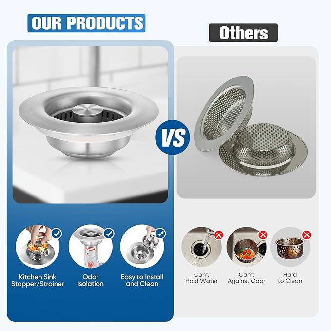 2 Pack Sink Drain Strainer Kitchen Sink Drain Strainer&Sink Stopper,Stainless Steel Pop up Sink Drain Strainer,Anti-Clogging Basket Strainer,High Durability with Brass Core,Fit 3-1/2",Chrome