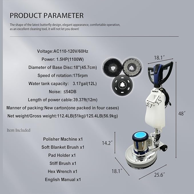 1100W Floor Polisher Commercial Floor Scrubber Machine Carpet Buffer Scrubber with 3gal Water Tank and 18" Base 175Rpm 110V