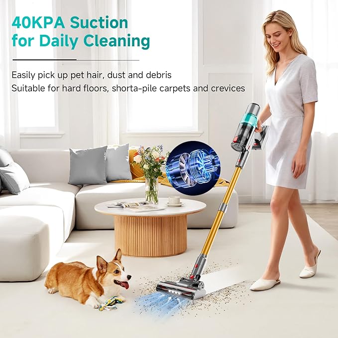 Cordless Vacuum Cleaner: 40KPA Powerful Suction Cordless Stick Vacuum Cleaners for Home, Anti-Tangle Brush, Lightweight, 6-in-1 Rechargeable Vacuum for Pet Hair/Carpet/Hard Floor(Green)