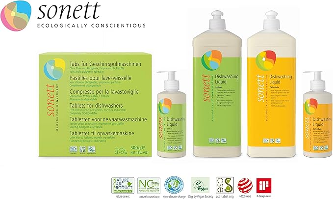 Sonett Organic Calendula Dishwashing Liquid Soap (34 and 10 fl oz) and Dishwasher Tablets (17 fl oz) Set of 3