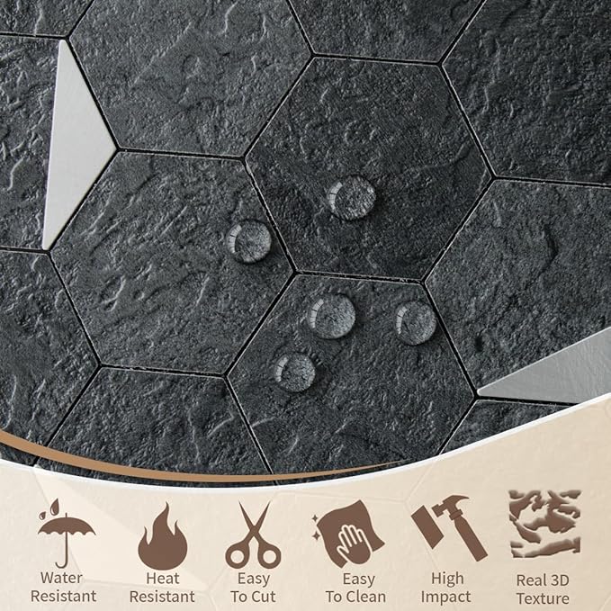 DICOFUN Hexagon Tile Mixed Metal Peel and Stick Backsplash, Self Adhesive Mosaic Tiles for Kitchen and Bathroom (10, Black Slate and Silver)