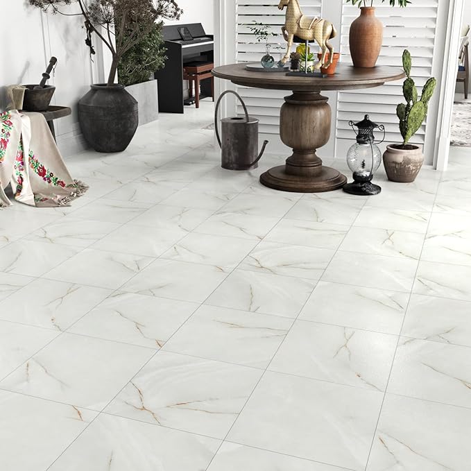 Gray/White Marble Vinyl Flooring Peel and Stick Floor Tile 12''x12'' Waterproof Flooring Planks Self Adhesive Thick Sticky Tiles for Kitchen Bathroom Stick on Floor Tile for Bedroom Basement 16-Sheets