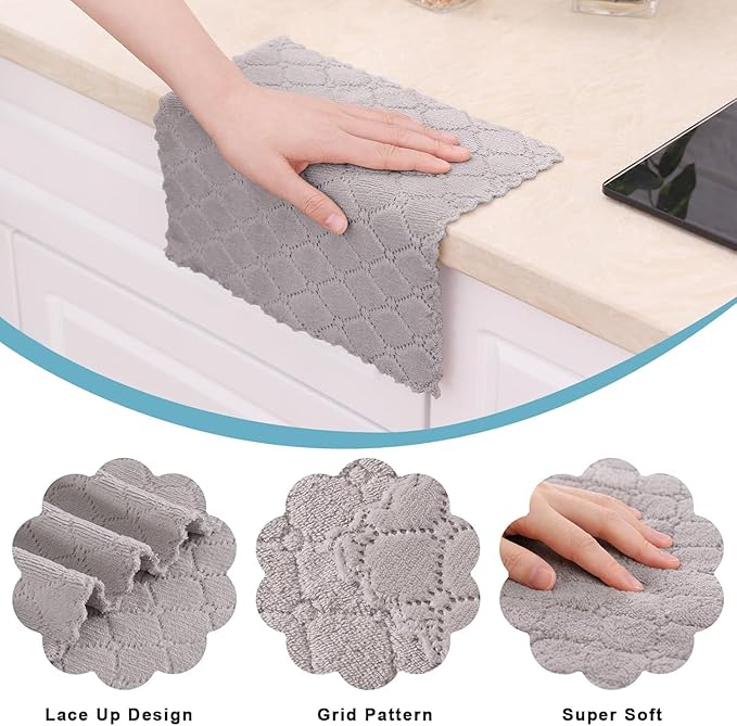 Homaxy 12 Pack Kitchen Dish Cloths (10 x 10 Inches, Grey), Super Soft and Absorbent Coral Velvet Dish Towels, Nonstick Oil Fast Drying Microfiber Cleaning Cloth, No Lint Household Dishcloths