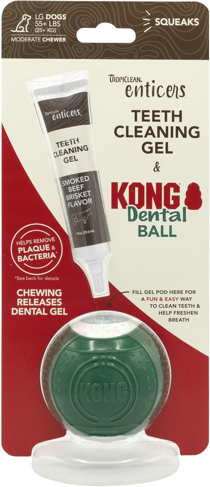 TropiClean Enticers Kong Dental Ball Kit for Large Dogs | Teeth Cleaning Gel | Smoked Beef Brisket Flavor | 1 oz.