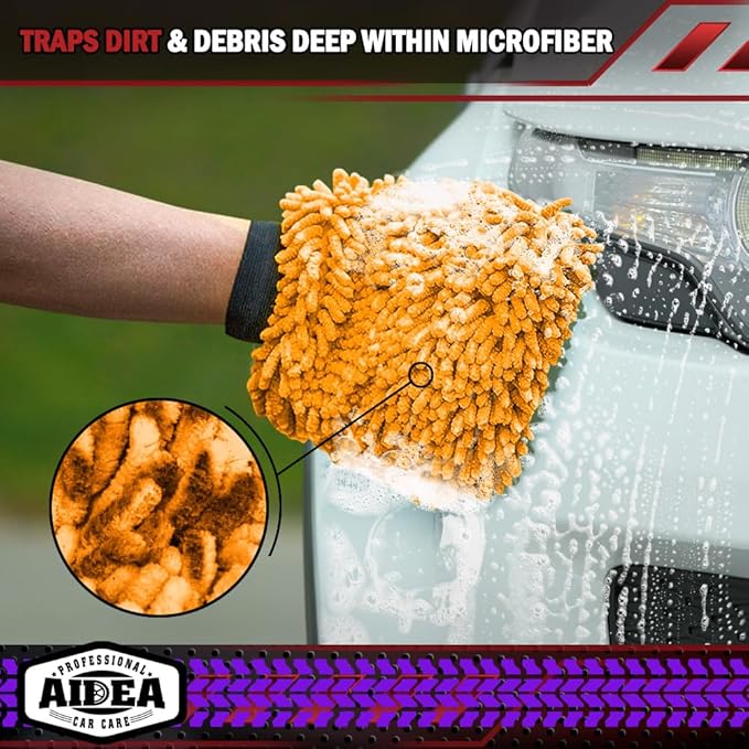 AIDEA Car Wash Mitt Microfiber, 1PK Scratch Free Lint-Free, Premium Chenille Microfiber Mitt Car Wash Brush, Orange, Regular Size 7.12''X10.14''