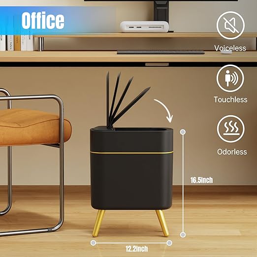 Yatmung 2 Pack - Automatic Bathroom Trash Can with Lid 2.5 Gal Smart Bathroom Trash Can Automatic Touchless - Bedroom, Office, Kitchen, Living Room - Motion Sensor Garbage Can - Black with Gold Legs