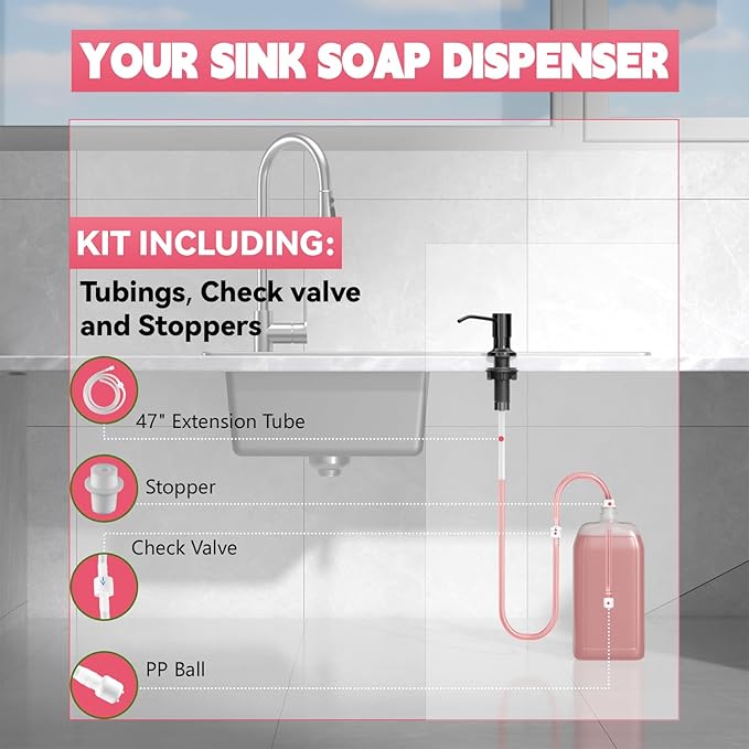 Sink Soap Dispenser, OHiHi Kitchen Sink Soap Dispenser with 47" Extension Tube, Wide Pump Head Base, No Water Leaking, No Need to Fill The Little Bottle Again, Black