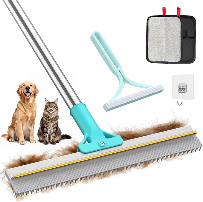 Carpet Rake for Pet Hair Removal, Reusable Carpet Rake, Pet Hair Removal Broom with Extra-Long Thickened Brush, 54" Adjustable Handle, 3 Pcs Pet Hair Removal Tool for Carpet, Sofa & Stairs