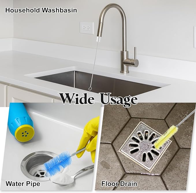 HARFINGTON 3pcs Flexible Long Drain Brush Straw Cleaner Set 35.43" Stainless Steel Double Ended Hose Brush with 8" Nylon Long Tube Pipe Cleaning for Fish Tank Sink Pipe, Black