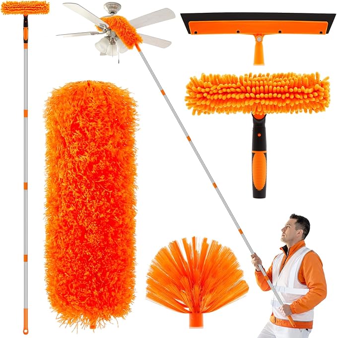 30 Feet High Reach Duster Kit with 2-24 ft Extension Pole High Ceiling Dusting and Window Cleaning Kit with Window Washer & Squeegee, Cobweb Duster, Washable Head for Ceiling Fan Blade