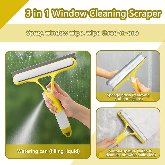 XANGNIER Window Cleaner Tool Kit,2026 3 in 1 Window Cleaning Scraper with Spray,Thickened Magic Cleaning Cloth,Window Scrubber Cleaning Squeegee for Glass,Mirror,Shower Doors,Car Windshields(Yellow)